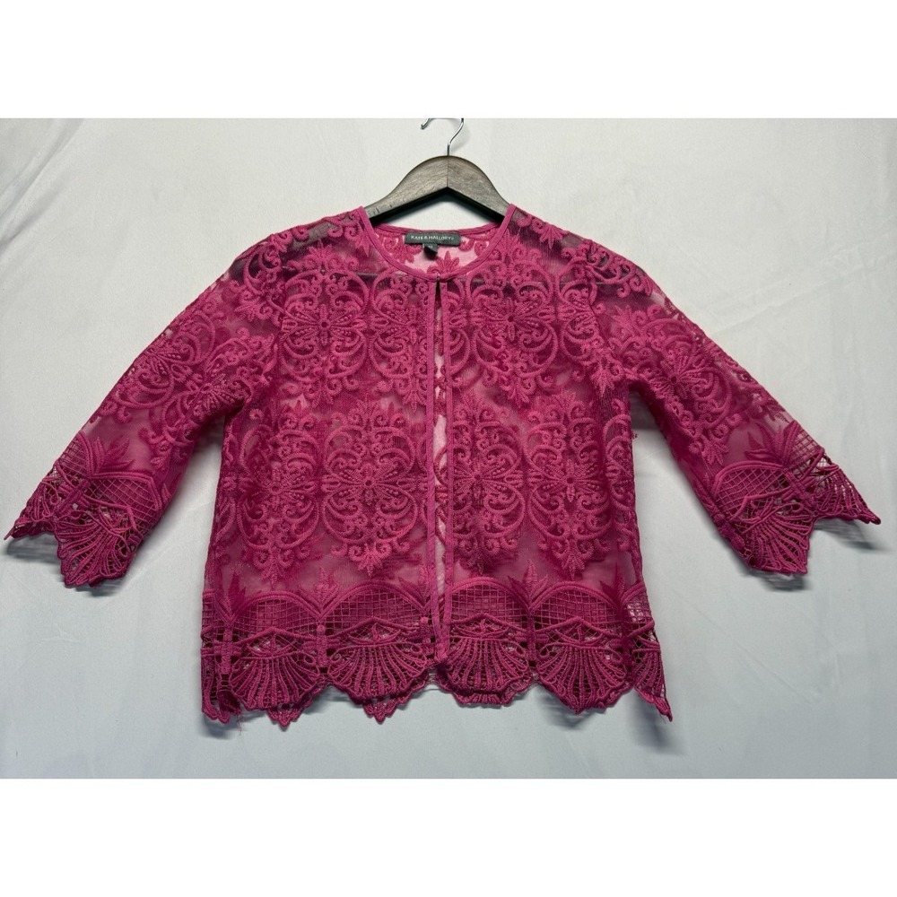 Kate & Mallory Mesh Blouse Top Womens XS Pink Embroidered Lace Sheer 3/4 Sleeve
